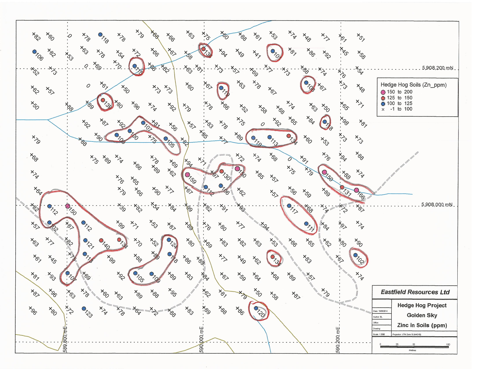 Zinc-in-soil geochemistry map, Golden Sky grid, Hedge Hog project area, with contoured zinc anomalies