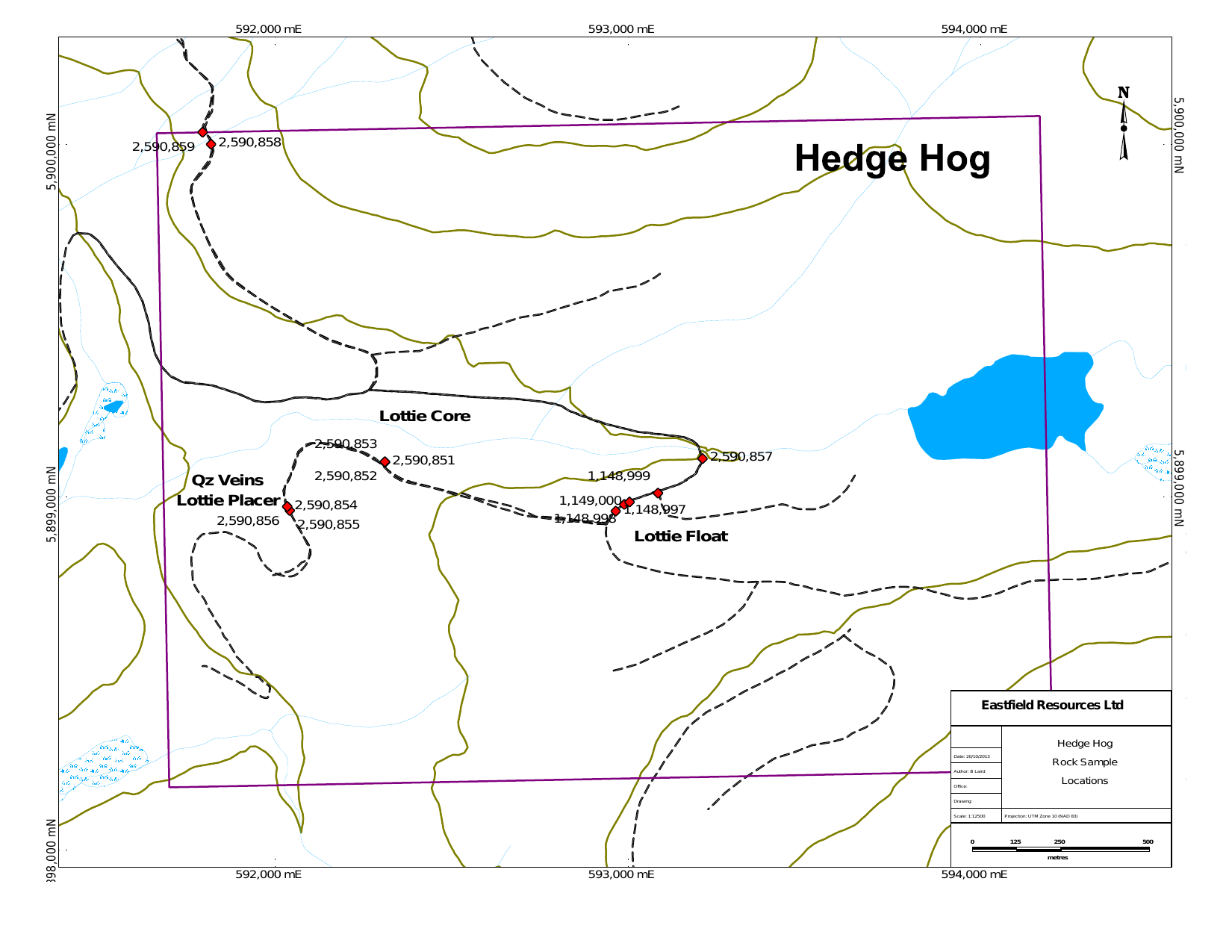 Rock sample location map, Hedge Hog property, showing the Lottie Core and Lottie Float areas over topography