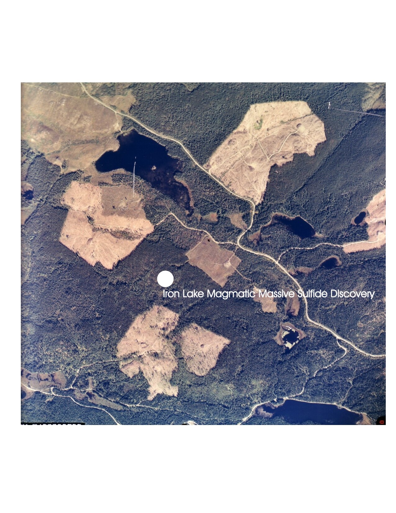 Air photo of the Iron Lake property area with the magmatic massive sulphide discovery location marked