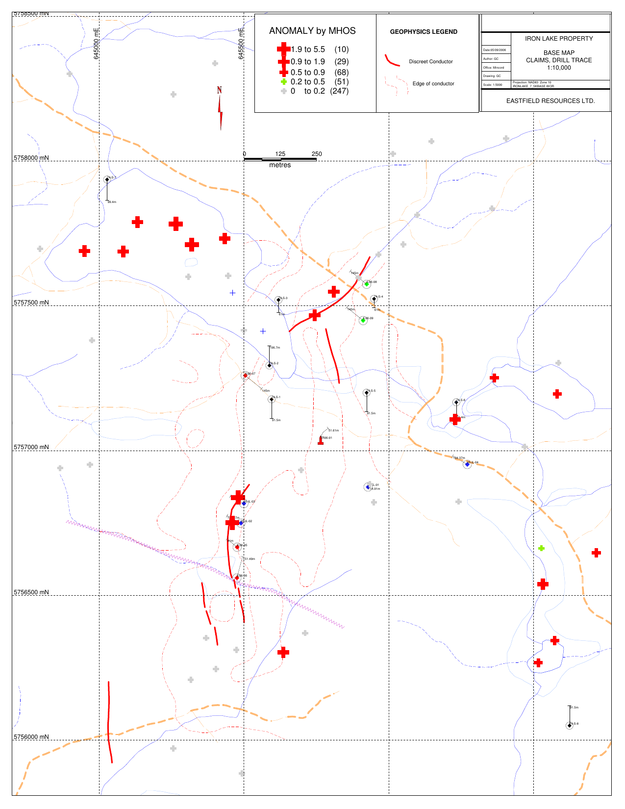 UTEM conductor compilation map, Iron Lake property, showing surveyed grid lines and conductor axes