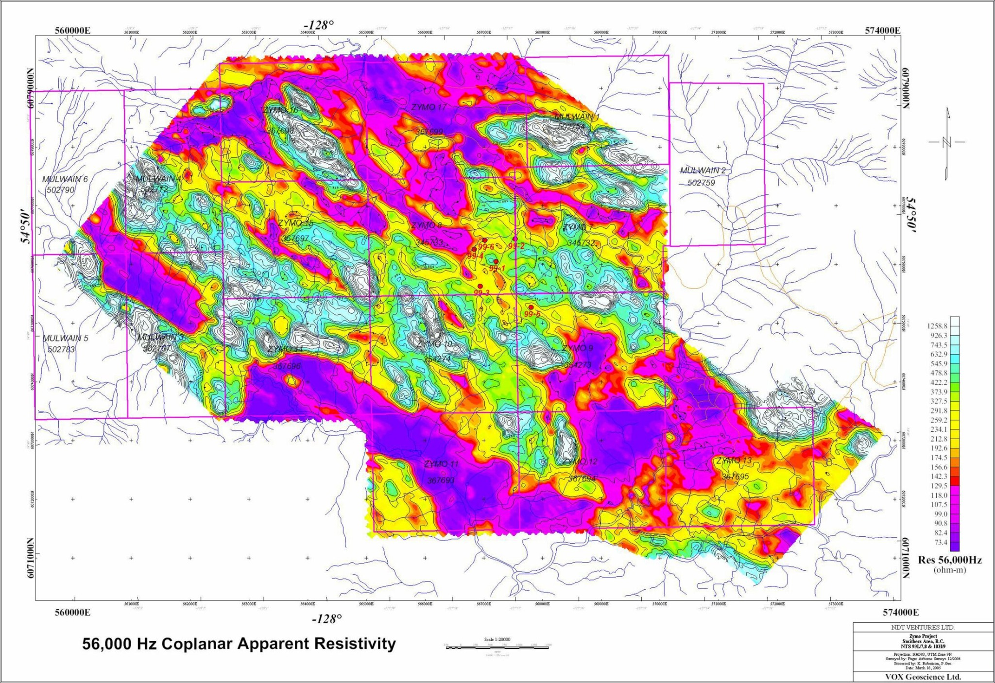 56,000 Hz coplanar apparent resistivity map of the Zymo property from the 2004 airborne geophysical survey