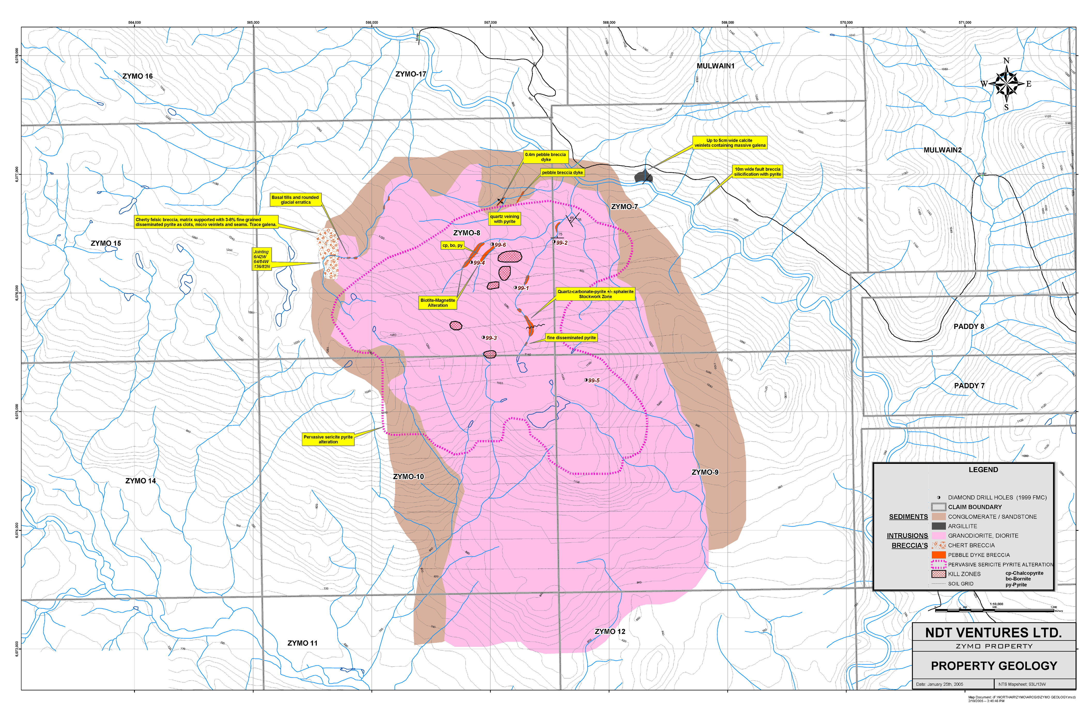 Property geology map of the Zymo property showing sedimentary and intrusive units, alteration zones and 1999 drill-hole locations