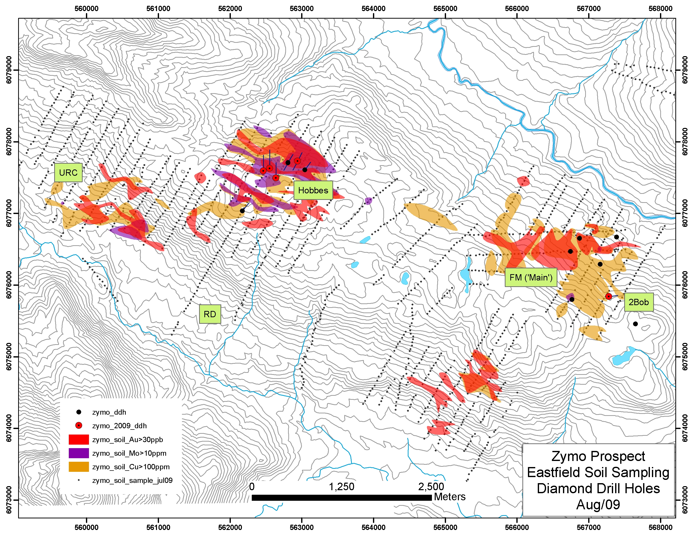 Map of the Zymo Prospect showing Eastfield soil sampling coverage, diamond drill-hole locations including 2009 holes, the URC, Hobbes, RD, Main and 2Bob zones, and copper, gold and molybdenum soil geochemical anomalies