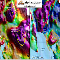 Horizontal gradient (left) and calculated vertical gradient (right) magnetic intensity map of Indata mineralized zones from data collected by Precision Geosurveys Inc. in June 2023.
